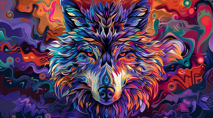 psychedelic wolf digital wallpaper