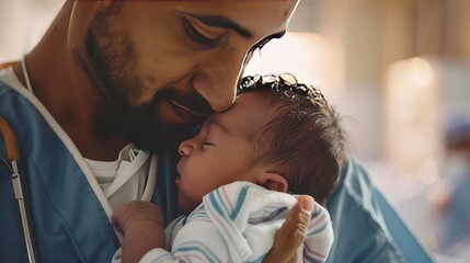 Intimate Moment Doctor or Male Midwife Holds Newborn Baby in Hospital, Symbolizing Childbirth and Healthcare Dedication in Shallow Field of View
 - obrazy, fototapety, plakaty
