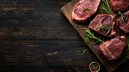 Variety of Raw Black Angus meat steaks on wooden - obrazy, fototapety, plakaty