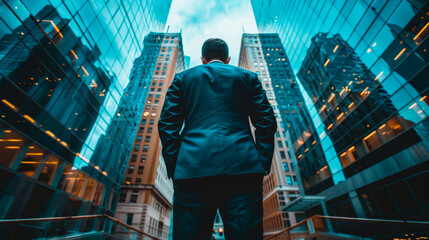 Man in Suit Standing in Front of Tall Buildings. Generative AI