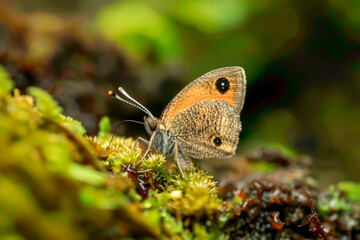 Fototapeta premium A small brown and orange butterfly is sitting on a green mossy rock. The butterfly is looking up at the camera