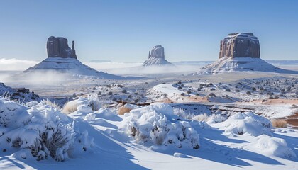  A Rare and Breathtaking 32K Ultra HD Image Showcasing the Iconic Buttes and Mesas Delicately Veiled in Snow - obrazy, fototapety, plakaty