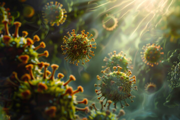 A close up of a bunch of green and brown viruses. The viruses are floating in the air and are surrounded by smoke