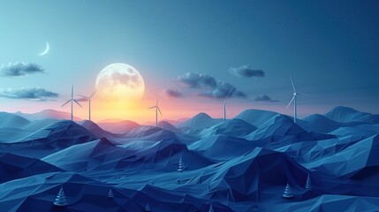 Wind Turbines on Stylized Polygonal Hills Under Moonlit Sky.