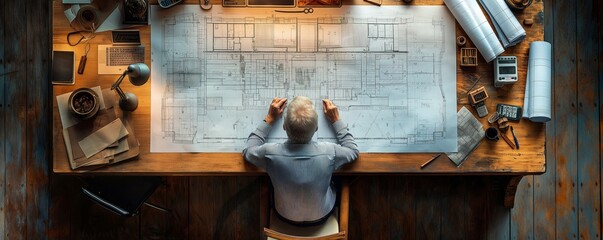Overhead view of architect analyzing blueprints - obrazy, fototapety, plakaty