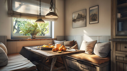 A charming breakfast nook tucked into a corner of the kitchen, featuring a built-in bench with plush cushions, a rustic wooden table, and a pendant light overhead, perfect for enjoying morning meals. - obrazy, fototapety, plakaty