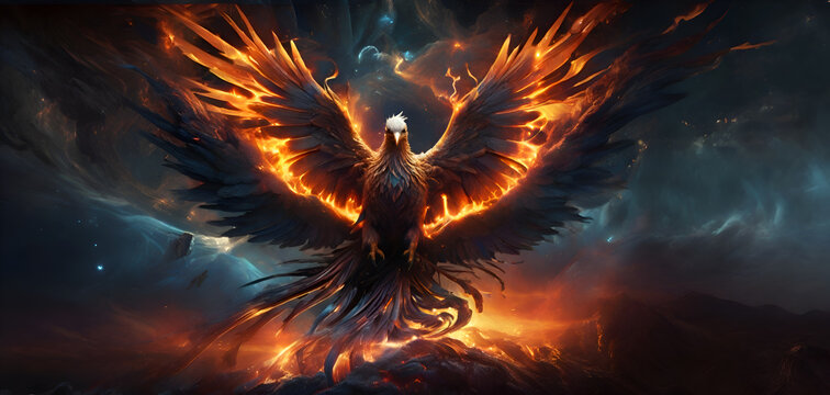 flying  blazing Phoenix bird against night  background. Digital art work. AI generated