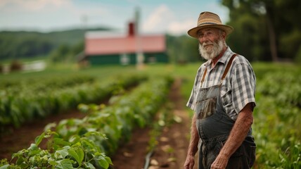 Old farmer standing in field with hat - An elderly farmer wearing overalls and a straw hat poses in his field with a barn in the background