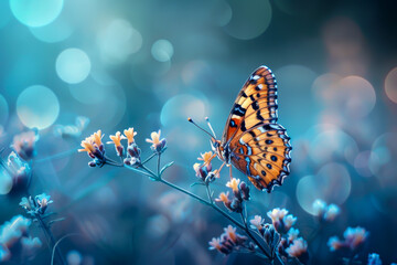A butterfly is sitting on a flower. The butterfly is orange and black. The background is blue and blurry