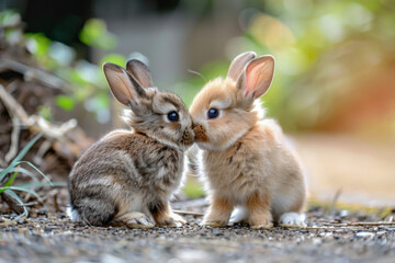 Obraz premium Two baby rabbits are sitting next to each other and nuzzling each other's noses. The scene is cute and heartwarming, showcasing the innocence and affection of these small animals