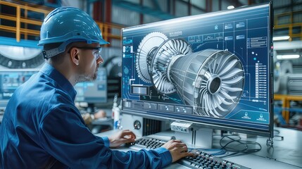 nnovative Industrial Engineer Designs 3D Turbine Using CAD Program in Heavy Industry Factory, Blending Digital Precision with Hands-On Expertise for Future Engineering Innovation
 - obrazy, fototapety, plakaty