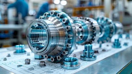 Heavy-duty bearing assembly on an engineering plan - An image of a heavy-duty bearing assembly, placed over a detailed engineering plan, highlights the significance of industry design - obrazy, fototapety, plakaty