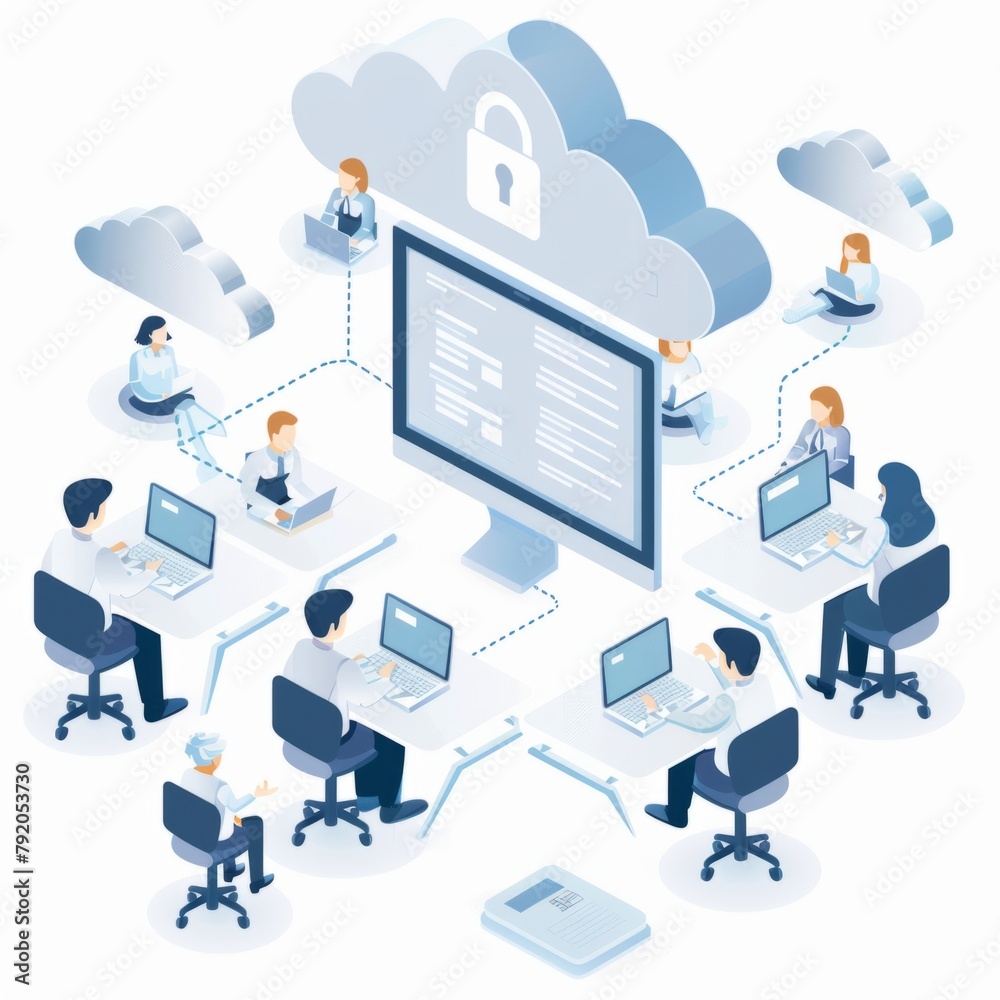 Poster isometric illustration of cloud computing network - an isometric graphic representation of cloud com