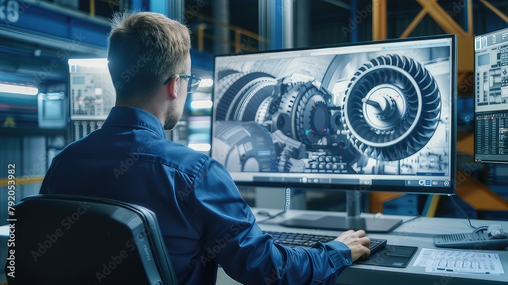 Wall mural innovative Industrial Engineer Designs 3D Turbine Using CAD Program in Heavy Industry Factory, Blending Digital Precision with Hands-On Expertise for Future Engineering Innovation - Wall murals