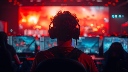 the dedication of esports players as their silhouettes train relentlessly, honing their skills to perfection in the pursuit of victory - obrazy, fototapety, plakaty