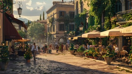A lively piazza bustling with the chatter of locals and the laughter of children, 