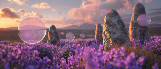 A realistic 3D scene of ancient stones shaped into a modern green energy device, emitting soft...