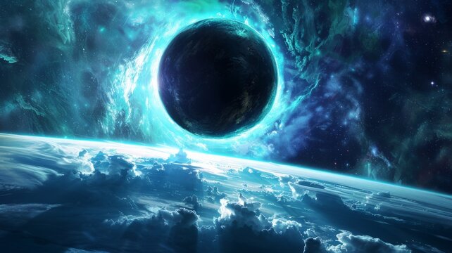 Awe-inspiring black hole above icy clouds - Captivating view of a black hole encompassed by a swirling galaxy, with icy clouds in the foreground highlighting its enormity