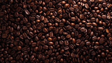 Detailed texture of roasted coffee beans - Close-up shot showcasing the rich details and textures of freshly roasted coffee beans - obrazy, fototapety, plakaty