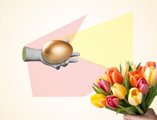 Minimal collage of easter egg and bunch tulips