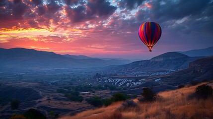 A couple enjoying a serene hot air balloon ride at sunrise, the world below awakening in hues of pink and gold as they float above in peaceful solitude.