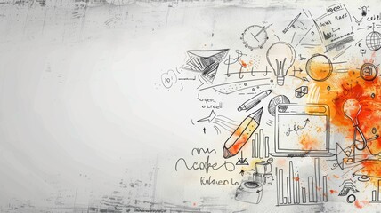 Creative work desk with colorful sketches around - Creative space portrayed with diverse sketches of work-related objects and vibrant colors, symbolizing brainstorming and project planning