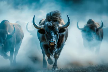 Foto op Plexiglas Three large bulls are running through a field of dust. The bulls are all facing the same direction, and one of them has its horns raised. The scene is intense and powerful © VicenSanh
