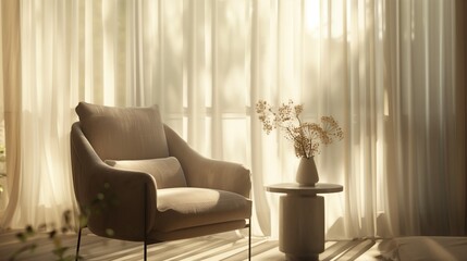 A tranquil living space bathed in soft, natural light filtering through sheer curtains, highlighting a luxurious armchair and a sleek, modern side table - obrazy, fototapety, plakaty