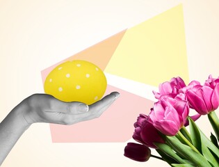 Minimal collage of easter egg and bunch tulips