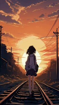 Girl on Railway Tracks in Sunset, Lofi anime-style 4k animation video