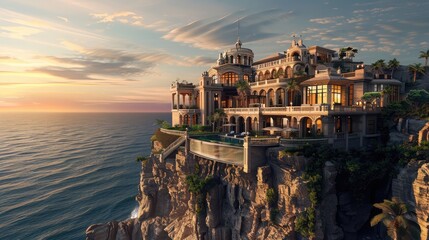 A luxurious coastal mansion perched atop rugged cliffs, with sweeping ocean views and private beach access, featuring elegant interiors and sprawling terraces that offer the perfect setting 