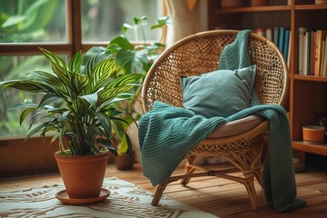 Cozy wicker chair among potted plants - obrazy, fototapety, plakaty