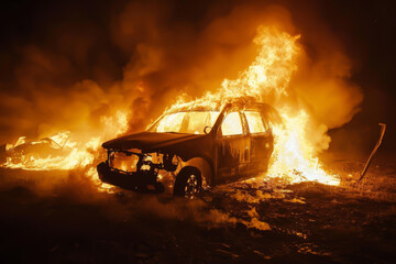 A car is on fire and surrounded by smoke. The car is a black SUV. The fire is very large and is spreading quickly - obrazy, fototapety, plakaty