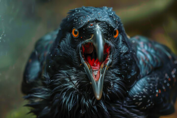 Obraz premium A black bird with red eyes is shown with its mouth open, looking angry. The bird appears to be in a state of distress or agitation