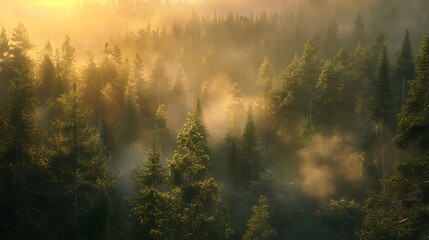 An atmospheric image of a misty forest bathed in the warm glow of the setting sun, creating an...