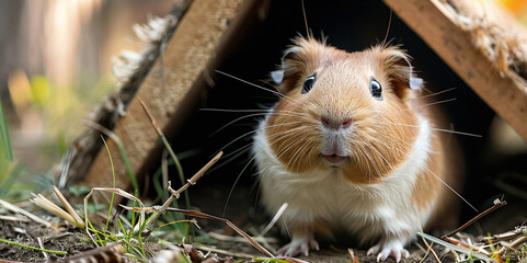 guinea pig looking out of his little house