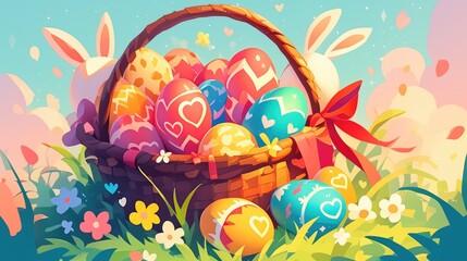 An Easter themed illustration features vibrant Easter eggs adorned with heart patterns nestled in a basket tied with a bow resting on lush green grass in a cartoon style against a gradient 