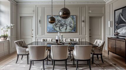 A transitional dining room with a mix of traditional and modern elements, featuring a classic table, upholstered chairs, and contemporary artwork.