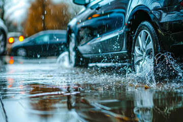A car is driving through a puddle of water. The car is black and has a shiny wheel. The water is reflecting the light from the street lights