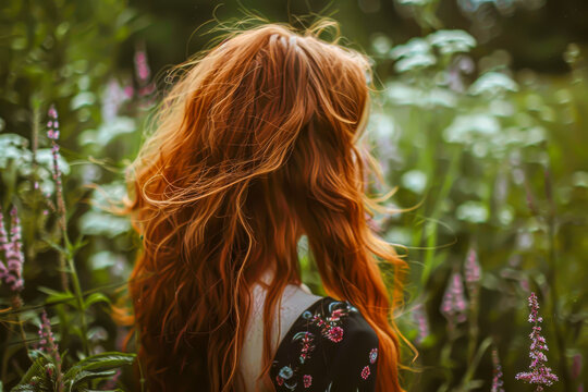 A woman with long red hair is standing in a field of flowers. The flowers are purple and the field is lush and green. The woman's hair is blowing in the wind, giving the scene a sense of movement