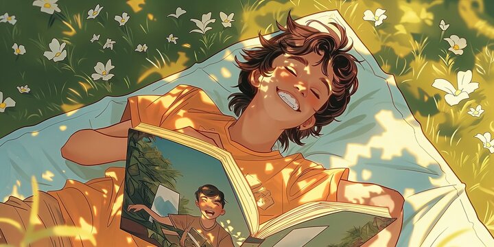 Close-up image of a teenager lying on a picnic blanket in a sunny summer backyard, laughing at a funny scene in a comic book
