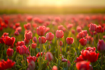 A field of red tulips with the sun shining on them. The sun is setting, casting a warm glow on the flowers