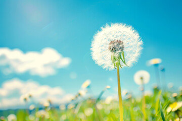 A dandelion is the main focus of the image, standing tall in a field of grass. The sky is clear and blue, with no clouds in sight. The dandelion is surrounded by a variety of grasses