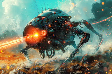A robot is flying through a fiery sky. The robot is surrounded by a lot of fire and smoke