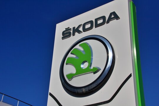 April 20th 2024 Florence, Italy. skoda store dealership sign brand and text logo showroom Czech automobile manufacturer