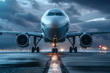A large jetliner is on the runway, with its landing gear down. The plane is surrounded by a dark sky, which adds to the sense of anticipation and excitement as it prepares for takeoff