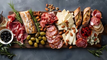 An elegant charcuterie platter arranged with an assortment of cured meats, cheeses, olives, nuts, and artisanal bread, perfect for a sophisticated gathering.
