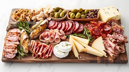 An elegant charcuterie platter arranged with an assortment of cured meats, cheeses, olives, nuts,...