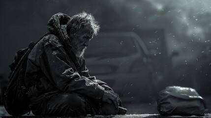 Homeless beggar man sitting in front of an abandoned building. Depression and sadness concept.