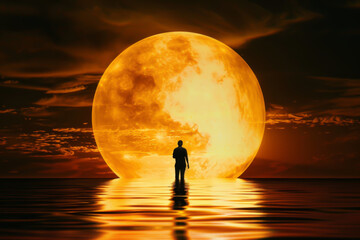 A man stands on a lake in front of a large orange moon. The scene is serene and peaceful, with the man being the only person in the image